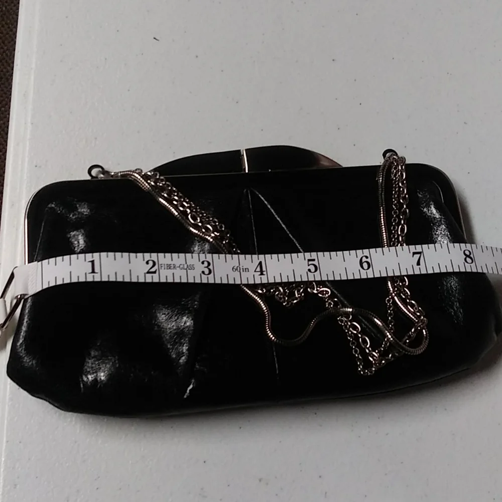 HOBO Black Leather Clutch with Silver Frame & Chain